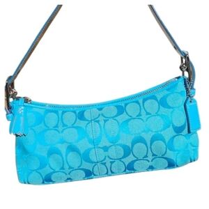 Vintage Coach 6371 Azure Blue Signature Jacquard Hamptons Demi Baguette